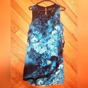 S.L. fashions turquoise and black floral beaded neck sleeveless size 8 dress